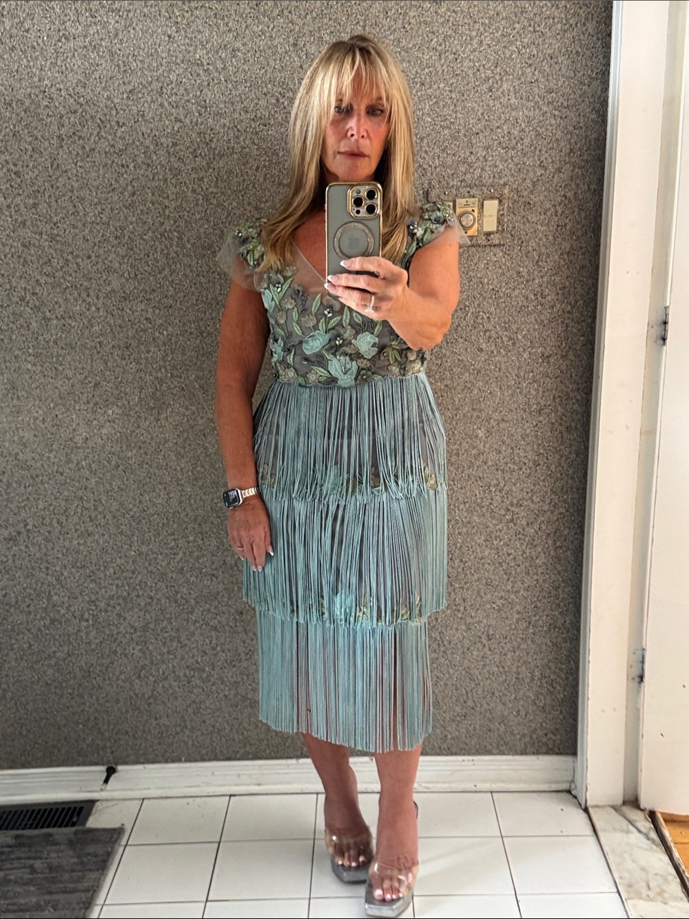 Fringed Floral Midi Dress in Sage Blue